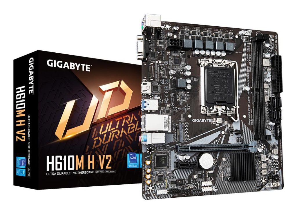 Mainboard|GIGABYTE|Intel H610|LGA1700|Micro-ATX|Memory DDR5|Memory slots 2|1xPCI-Express 3.0 1x|1xPCI-Express 4.0 16x|1xM.2|1x15pin D-sub|1xHDMI|4xUSB 2.0|2xUSB 3.2|1xPS/2|1xRJ45|3xAudio port|H610MHV21.0