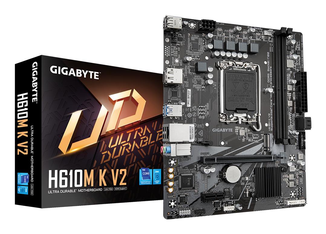Mainboard|GIGABYTE|Intel H610|LGA1700|Micro-ATX|Memory DDR5|Memory slots 2|1xPCI-Express 3.0 1x|1xPCI-Express 4.0 16x|1xM.2|1xHDMI|1xDisplayPort|4xUSB 2.0|2xUSB 3.2|1xPS/2|1xRJ45|3xAudio port|H610MKV2