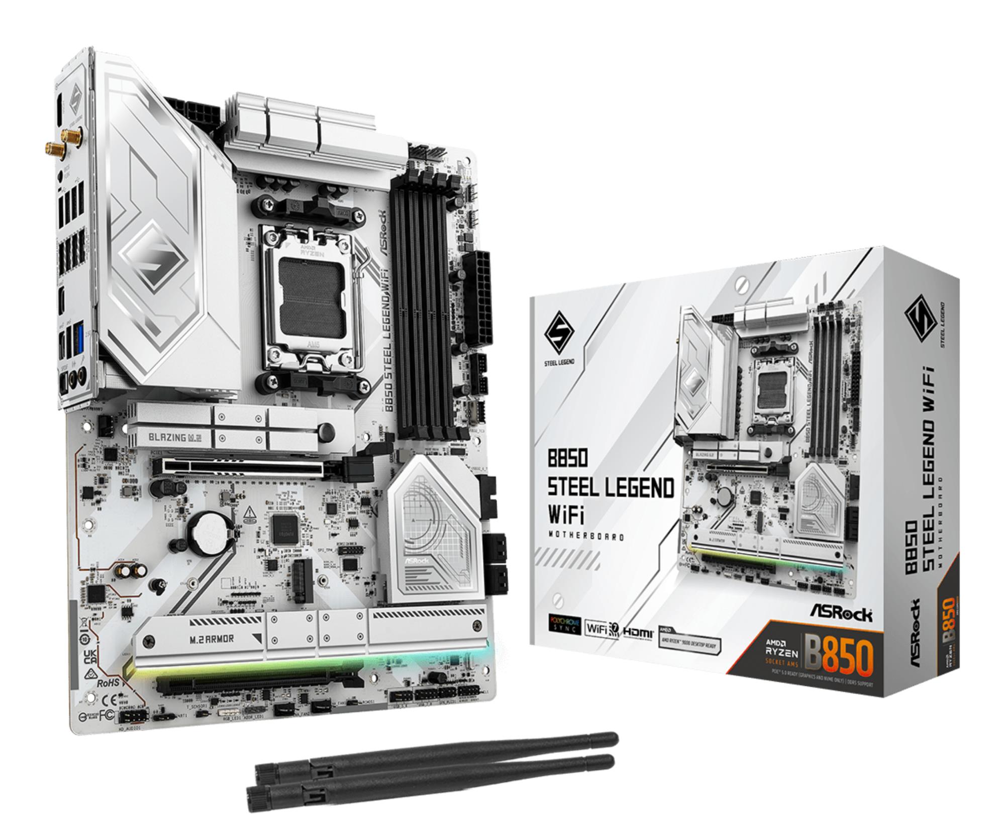 Mainboard|ASROCK|AMD B850|SAM5|ATX|Memory DDR5|Memory slots 4|1xPCI-Express 4.0 16x|1xPCI-Express 5.0 16x|1xM.2|1xHDMI|1xAudio-In|1xAudio-Out|4xUSB 2.0|5xUSB 3.2|2xUSB-C|1xOptical S/PDIF|1xRJ45|B850STEELLEGENDWIFI
