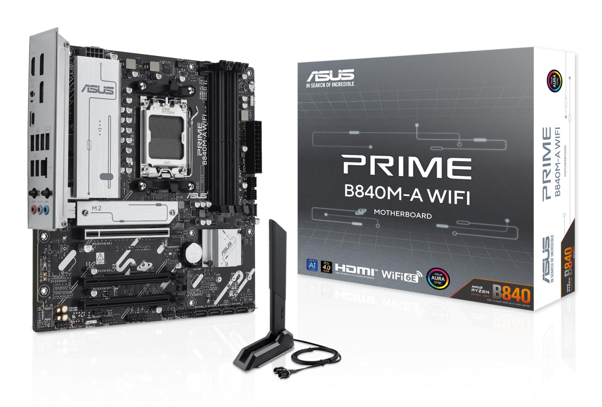 Mainboard|ASUS|AMD B840|SAM5|Micro-ATX|Memory DDR5|Memory slots 4|2xPCI-Express 3.0 16x|1xPCI-Express 4.0 16x|3xM.2|1xHDMI|2xDisplayPort|4xUSB 2.0|2xUSB 3.2|1xUSB-C|1xRJ45|3xAudio port|PRIMEB840M-AWIFI