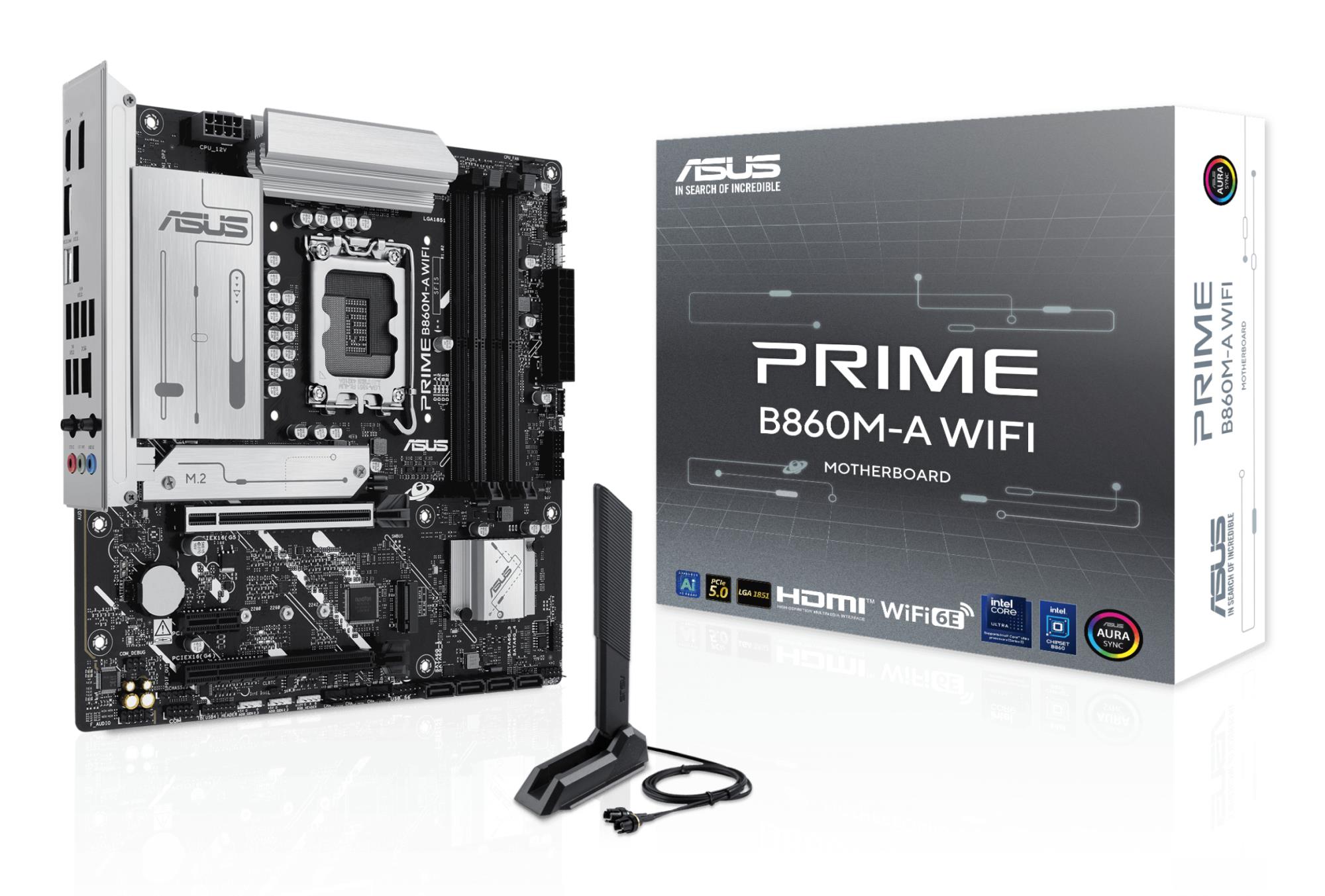 Mainboard|ASUS|Intel B860 Express|LGA1851|Micro-ATX|Memory DDR5|Memory slots 4|1xPCI-Express 4.0 1x|1xPCI-Express 4.0 16x|1xPCI-Express 5.0 16x|2xM.2|1xHDMI|1xDisplayPort|7xUSB 2.0|1xUSB-C|1xUSB-C w/Thunderbolt|1xOptical S/PDIF|1xRJ45|3xAudio port|PRIMEB860M-AWIFI