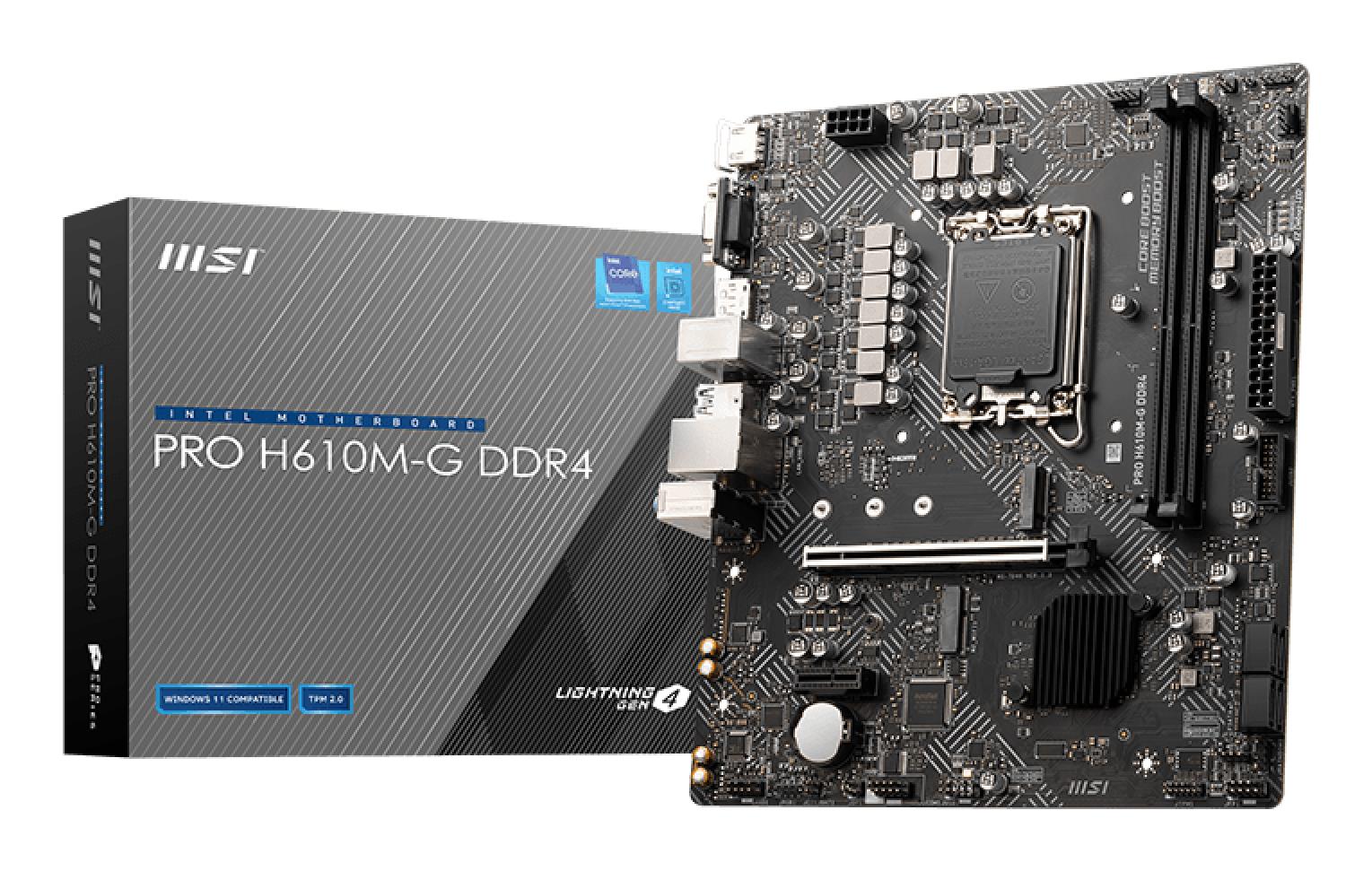 Mainboard|MSI|Intel H610|LGA1700|MicroATX|Memory DDR4|Memory slots 2|1xPCI-Express 3.0 1x|1xPCI-Express 4.0 16x|1xM.2|1x15pin D-sub|1xHDMI|1xDisplayPort|2xAudio-In|1xAudio-Out|4xUSB 2.0|2xUSB 3.2|1xPS/2|1xRJ45|PROH610M-GDDR4