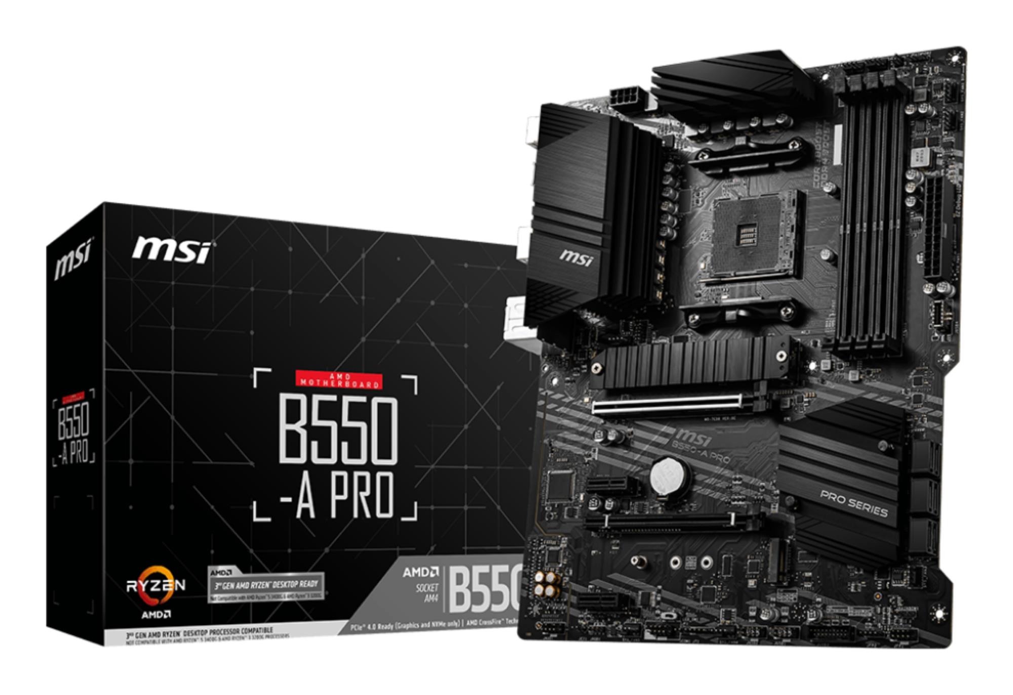 Mainboard|MSI|AMD B550|SAM4|ATX|2xPCI-Express 3.0 1x|1xPCI-Express 3.0 4x|2xM.2|1xPCI-Express 4.0 16x|Memory DDR4|Memory slots 4|1xDisplayPort|2xAudio-In|4xAudio-Out|4xUSB 2.0|1xUSB type C|3xUSB 3.2|1xPS/2|1xRJ45|B550-APRO