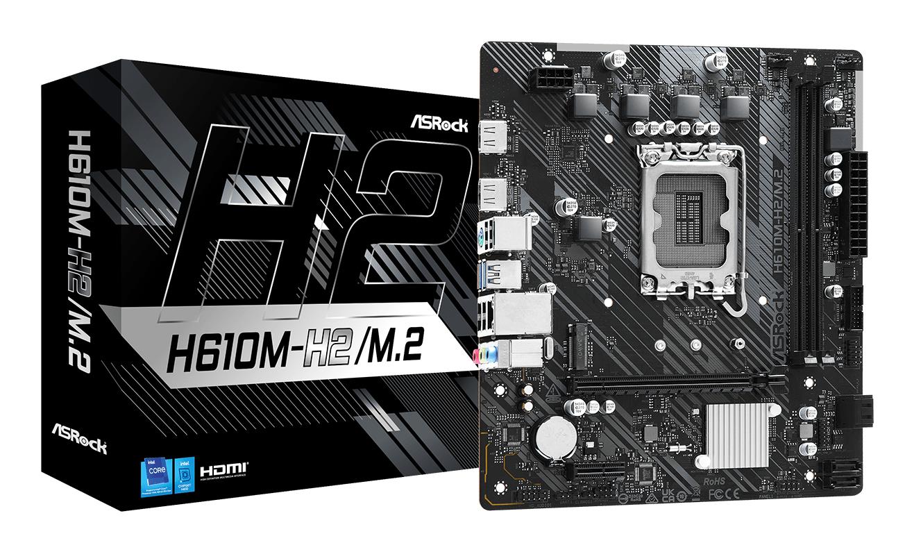 Mainboard|ASROCK|Intel H610|LGA1700|Micro-ATX|Memory DDR4|Memory slots 2|1xPCI-Express 3.0 1x|1xPCI-Express 4.0 16x|1xM.2|2xHDMI|4xUSB 2.0|2xUSB 3.2|1xPS/2|1xRJ45|3xAudio port|H610M-H2/M.2