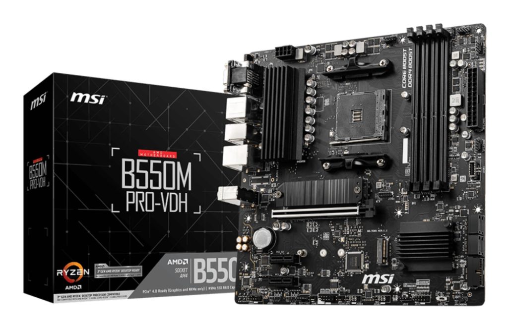 Mainboard|MSI|AMD B550|SAM4|MicroATX|Memory DDR4|Memory slots 4|2xPCI-Express 3.0 1x|1xPCI-Express 4.0 16x|2xM.2|1x15pin D-sub|1xHDMI|1xDisplayPort|2xAudio-In|1xAudio-Out|2xUSB 2.0|4xUSB 3.2|1xPS/2|1xRJ45|B550MPRO-VDH