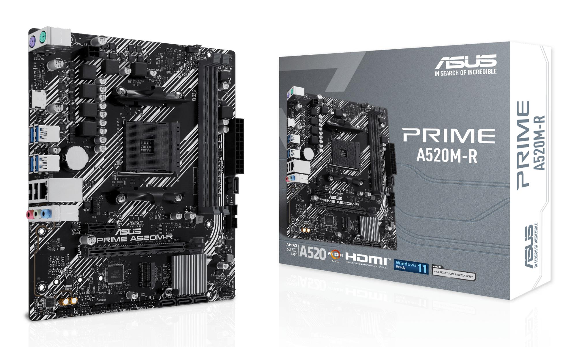 Mainboard|ASUS|AMD A520|SAM4|Micro-ATX|Memory DDR4|Memory slots 2|1xPCI-Express 3.0 1x|1xPCI-Express 3.0 16x|1xM.2|1xHDMI|2xUSB 2.0|4xUSB 3.1|2xPS/2|1xRJ45|3xAudio port|PRIMEA520M-R