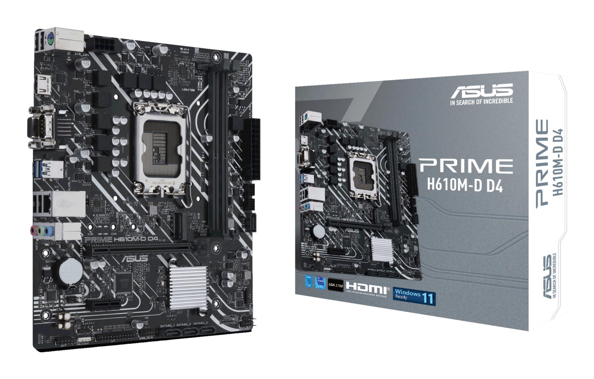 Mainboard|ASUS|Intel H610|LGA1700|MicroATX|Memory DDR4|Memory slots 2|1xPCI-Express 3.0 1x|1xPCI-Express 4.0 16x|1xM.2|1x15pin D-sub|1xHDMI|2xAudio-In|1xAudio-Out|4xUSB 2.0|2xUSB 3.2|1xCOM|1xPS/2|1xRJ45|PRIMEH610M-DD4