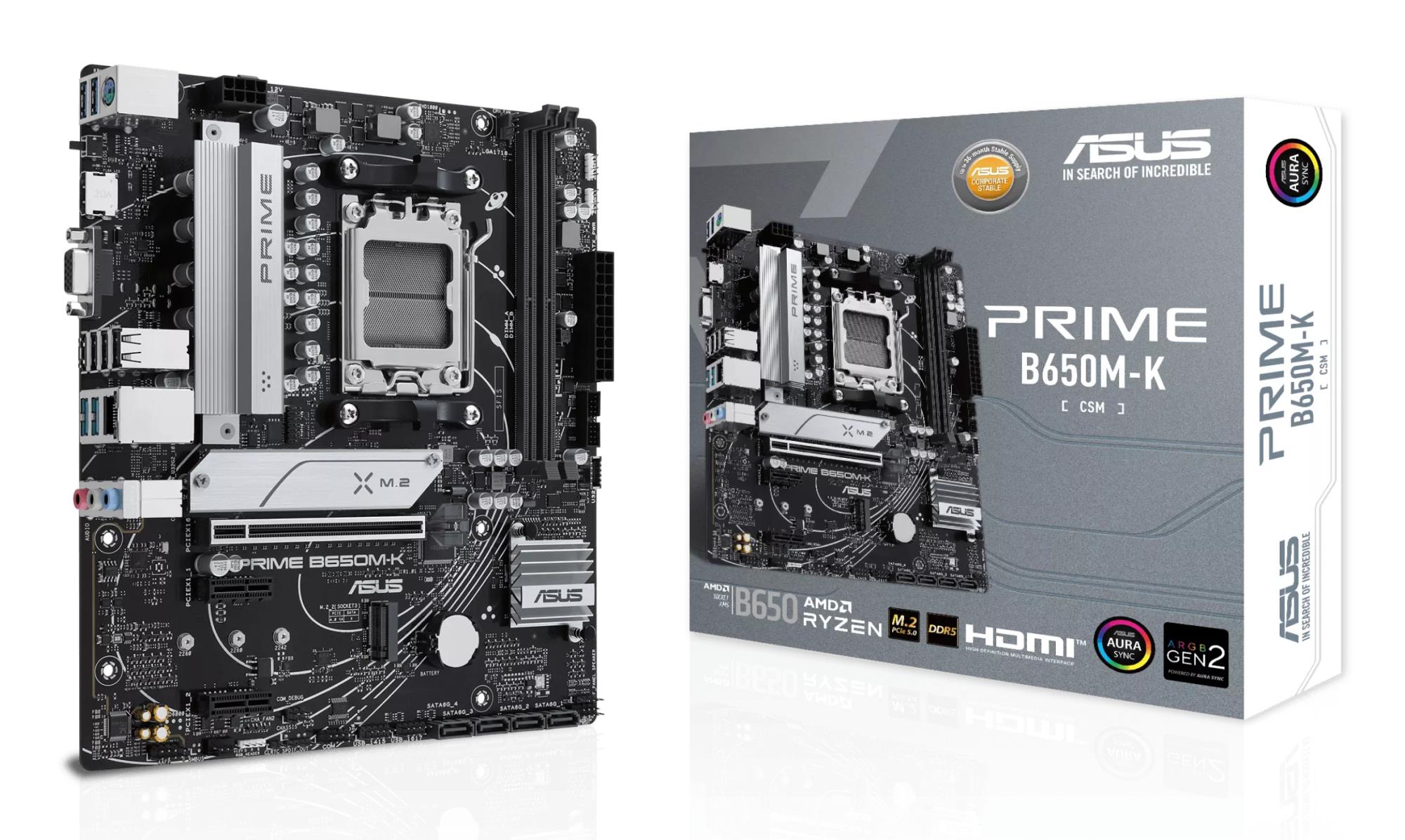 Mainboard|ASUS|AMD B650|SAM5|Micro-ATX|Memory DDR5|Memory slots 2|2xPCI-Express 4.0 1x|1xPCI-Express 4.0 16x|2xM.2|1x15pin D-sub|1xHDMI|4xUSB 2.0|4xUSB 3.2|1xPS/2|1xRJ45|3xAudio port|PRIMEB650M-K