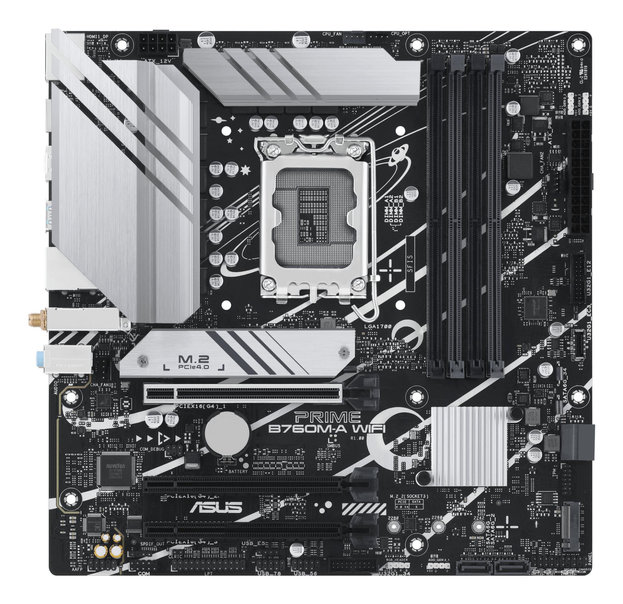 Mainboard|ASUS|Intel B760 Express|LGA1700|Micro-ATX|Memory DDR5|Memory slots 4|3xPCI-Express 4.0 16x|2xM.2|2xHDMI|1xDisplayPort|4xUSB 2.0|2xUSB 3.2|1xPS/2|1xRJ45|3xAudio port|PRIMEB760M-AWIFI