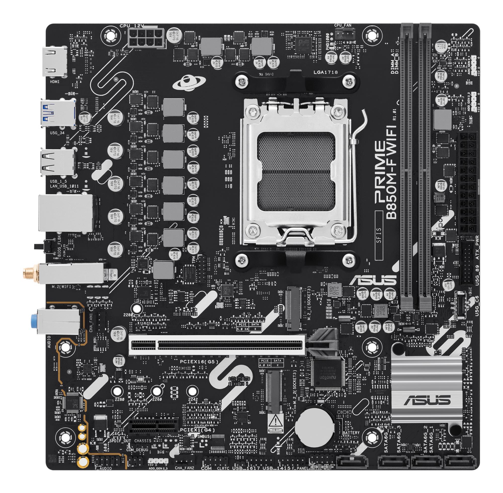 Mainboard|ASUS|AMD B850|Socket AM5|micro ATX|RAM DDR5-SDRAM|2xSlots|Wi-Fi Yes|Bluetooth Yes|2xNumber of M.2 (M) slots|PRIMEB850M-FWIFI