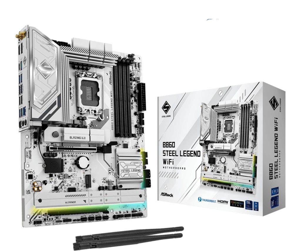 Mainboard|ASROCK|Intel B860 Express|LGA1851|ATX|Memory DDR5|Memory slots 4|1xPCI-Express 4.0 16x|1xPCI-Express 5.0 16x|1xM.2|1xHDMI|1xDisplayPort|1xAudio-Out|1xMicrophone|3xUSB 2.0|6xUSB 3.2|1xUSB-C w/Thunderbolt|1xOptical S/PDIF|1xRJ45|B860STEELLEGENDWIFI
