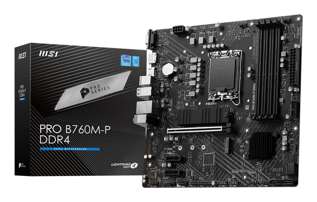 Mainboard|MSI|Intel B760 Express|LGA1700|Micro-ATX|Memory DDR4|Memory slots 4|2xPCI-Express 1x|1xPCI-Express 16x|2xM.2|1x15pin D-sub|1xHDMI|1xDisplayPort|4xUSB 2.0|1xUSB 3.2|1xUSB-C|2xPS/2|1xRJ45|3xAudio port|PROB760M-PDDR4