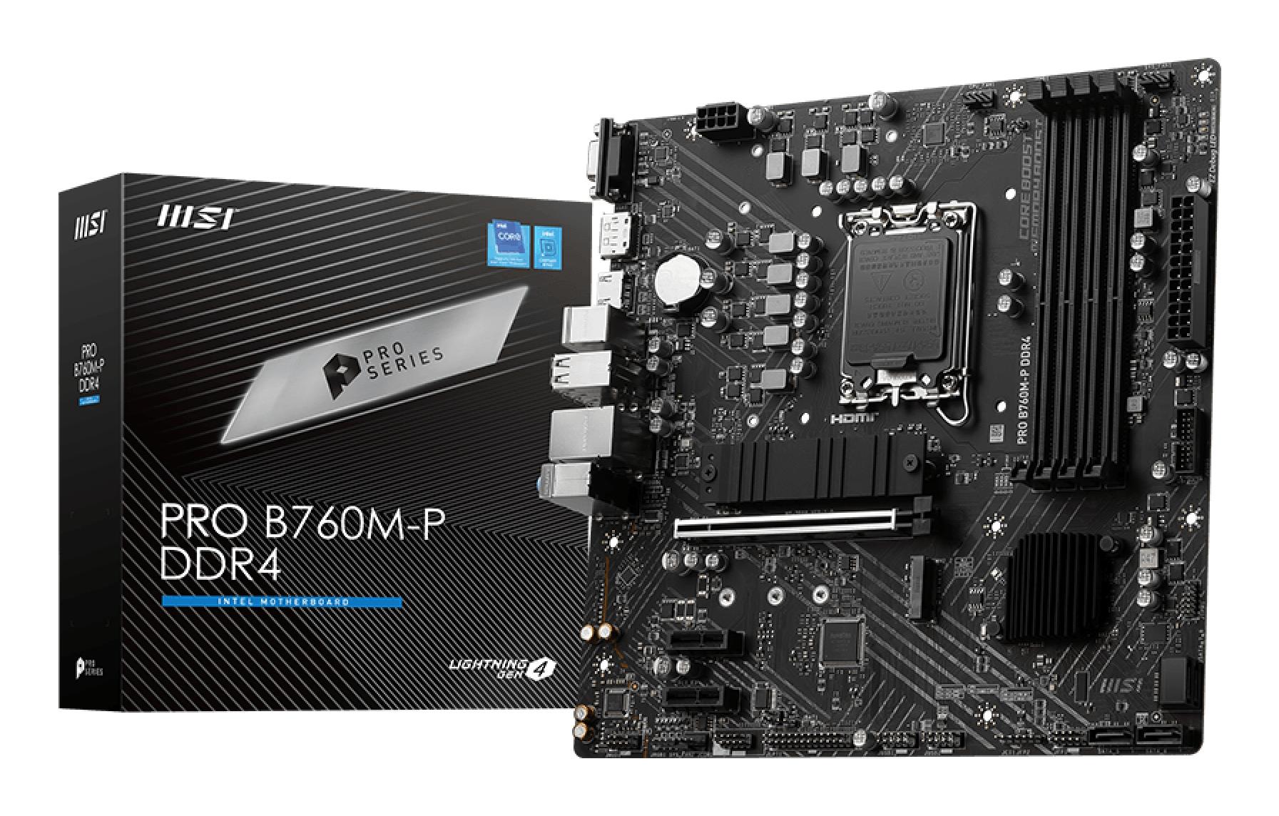 Mainboard|MSI|Intel B760 Express|LGA1700|Micro-ATX|Memory DDR4|Memory slots 4|2xPCI-Express 1x|1xPCI-Express 16x|2xM.2|1x15pin D-sub|1xHDMI|1xDisplayPort|4xUSB 2.0|1xUSB 3.2|1xUSB-C|2xPS/2|1xRJ45|3xAudio port|PROB760M-PDDR4