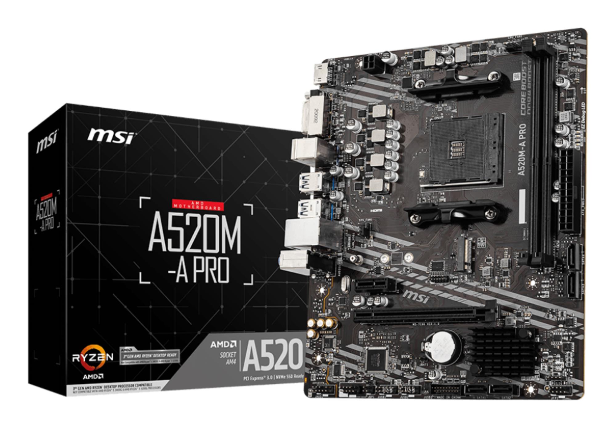 Mainboard|MSI|AMD A520|SAM4|MicroATX|1xPCI-Express 3.0 1x|1xPCI-Express 3.0 16x|1xM.2|Memory DDR4|Memory slots 2|1xDVI|1xHDMI|2xAudio-Out|2xUSB 2.0|4xUSB 3.2|1xRJ45|A520M-APRO