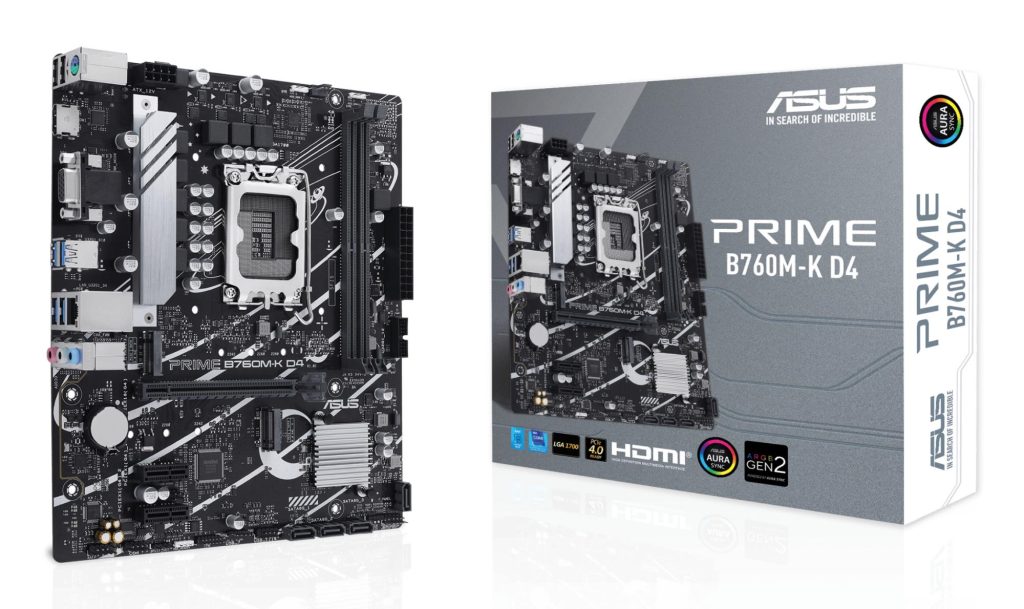 Mainboard|ASUS|Intel B760 Express|LGA1700|Micro-ATX|Memory DDR4|Memory slots 2|2xPCI-Express 4.0 1x|1xPCI-Express 4.0 16x|2xM.2|1x15pin D-sub|1xHDMI|2xUSB 2.0|4xUSB 3.2|1xPS/2|1xRJ45|3xAudio port|PRIMEB760M-KD4
