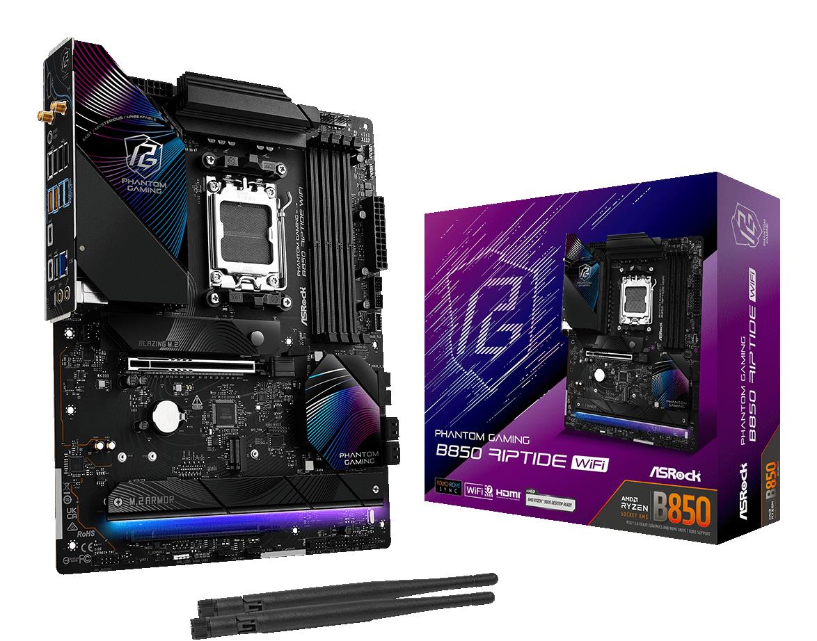 Mainboard|ASROCK|AMD B850|SAM5|ATX|Memory DDR5|Memory slots 4|1xPCI-Express 4.0 16x|1xPCI-Express 5.0 16x|1xM.2|1xHDMI|1xAudio-In|1xAudio-Out|8xUSB 2.0|9xUSB 3.2|3xUSB-C|1xOptical S/PDIF|1xRJ45|B850RIPTIDEWIFI