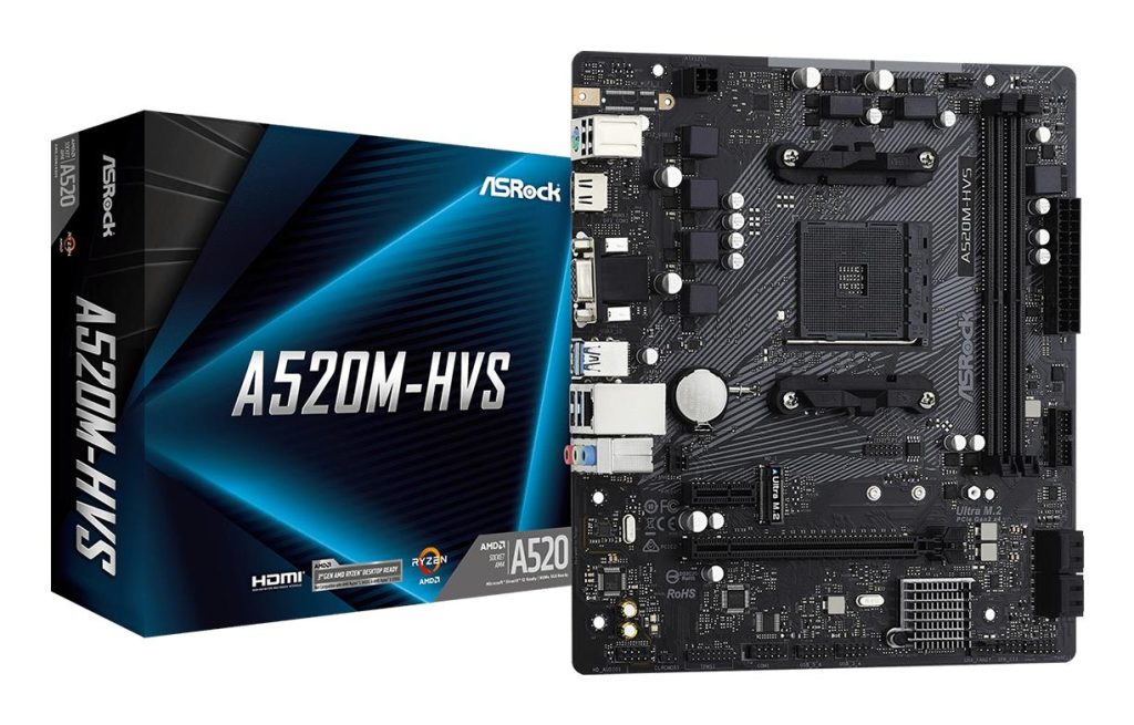 Mainboard|ASROCK|AMD A520|SAM4|Micro-ATX|Memory DDR4|Memory slots 2|1xPCI-Express 3.0 1x|1xPCI-Express 3.0 16x|1xM.2|1x15pin D-sub|1xHDMI|2xAudio-In|1xAudio-Out|2xUSB 2.0|4xUSB 3.2|1xPS/2|1xRJ45|A520M-HVS