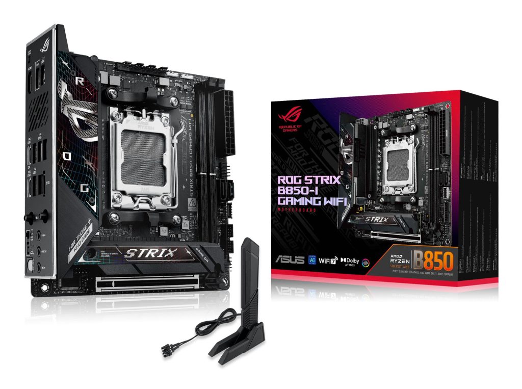 Mainboard|ASUS|AMD B850|SAM5|Mini-ITX|Memory DDR5|Memory slots 2|1xPCI-Express 4.0 16x|1xPCI-Express 5.0 16x|2xM.2|1xHDMI|1xAudio-In|1xAudio-Out|1xMicrophone|2xUSB 2.0|5xUSB 3.2|1xUSB-C|1xOptical S/PDIF|1xRJ45|STRIXB850-IGAMINGWIFI