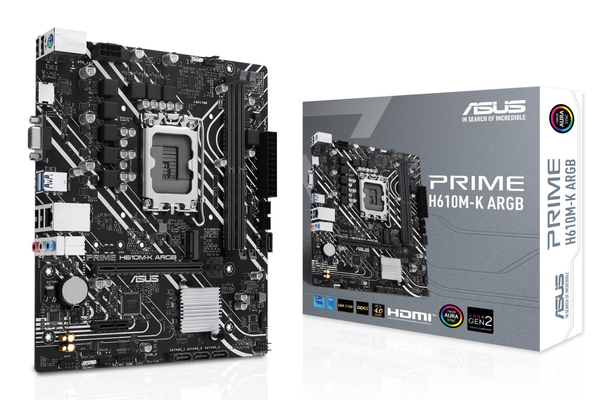 Mainboard|ASUS|Intel H610|LGA1700|Micro-ATX|Memory DDR5|Memory slots 2|1xPCI-Express 3.0 1x|1xPCI-Express 4.0 16x|1xM.2|1x15pin D-sub|1xHDMI|1xAudio-In|1xAudio-Out|1xMicrophone|4xUSB 2.0|2xUSB 3.2|1xPS/2|1xRJ45|PRIMEH610M-KARGB