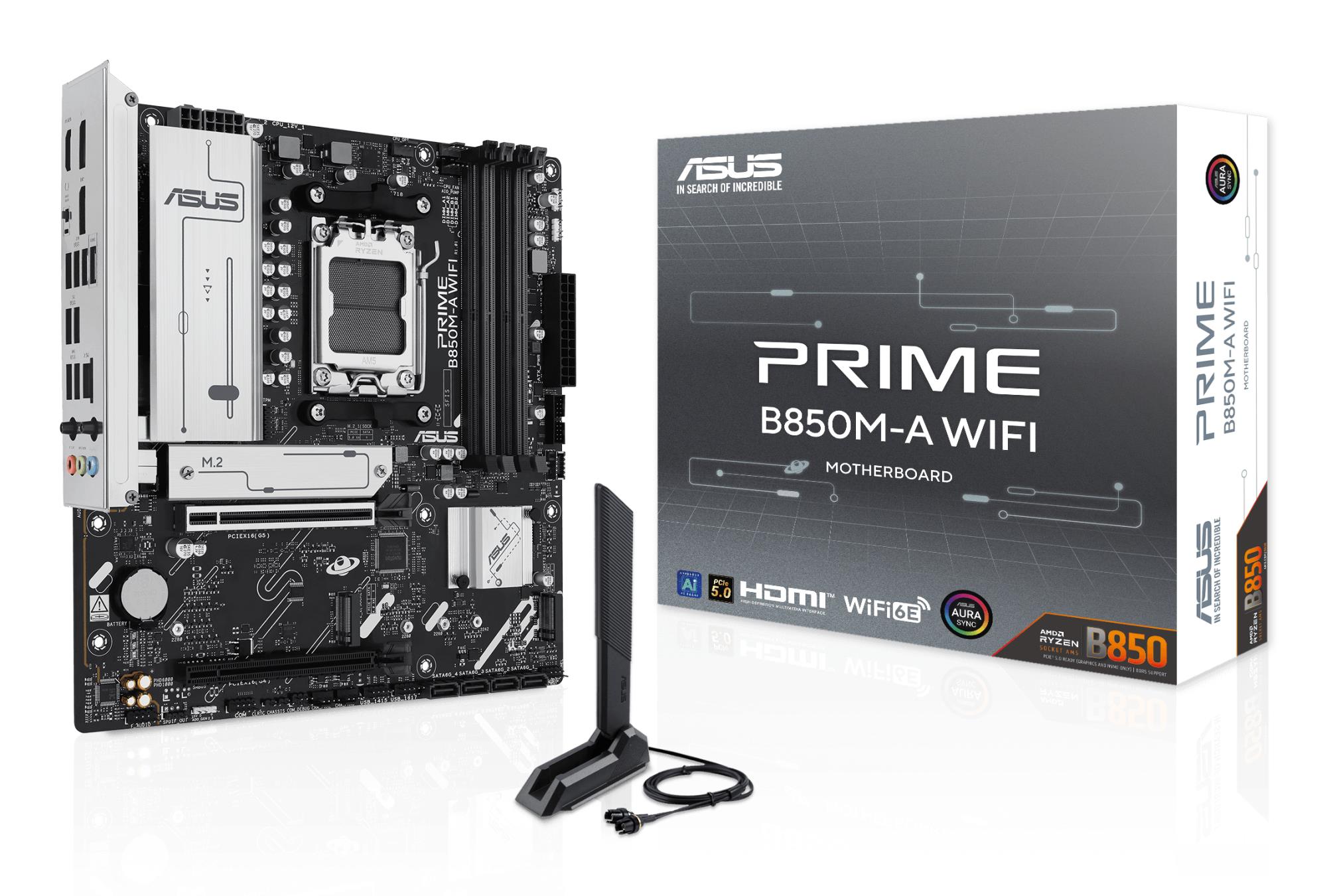 Mainboard|ASUS|AMD B850|SAM5|Micro-ATX|Memory DDR5|Memory slots 4|1xPCI-Express 4.0 16x|1xPCI-Express 5.0 16x|3xM.2|1xHDMI|2xDisplayPort|4xUSB 2.0|4xUSB 3.2|1xRJ45|3xAudio port|PRIMEB850M-AWIFI