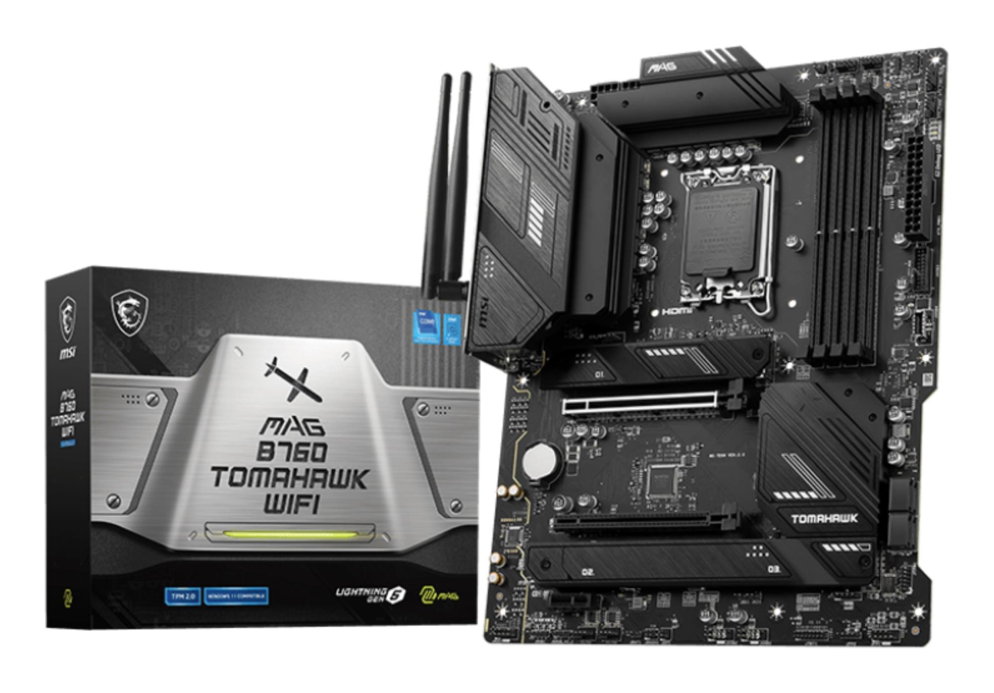 Mainboard|MSI|Intel B760 Express|LGA1700|ATX|Memory DDR5|Memory slots 4|1xPCI-Express 1x|2xPCI-Express 16x|3xM.2|1xHDMI|1xDisplayPort|4xUSB 2.0|4xUSB 3.2|1xUSB-C|1xOptical S/PDIF|1xRJ45|5xAudio port|MAGB760TOMAHAWKWIFI