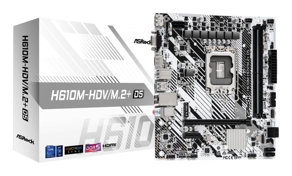 Mainboard|ASROCK|Intel H610|LGA1700|Micro-ATX|Memory DDR5|Memory slots 2|1xPCI-Express 3.0 1x|1xPCI-Express 4.0 16x|1xM.2|1x15pin D-sub|1xHDMI|1xDisplayPort|1xAudio-In|1xAudio-Out|1xMicrophone|4xUSB 2.0|1xUSB 3.2|1xUSB-C|1xPS/2|1xRJ45|H610M-HDV/M.2+D5